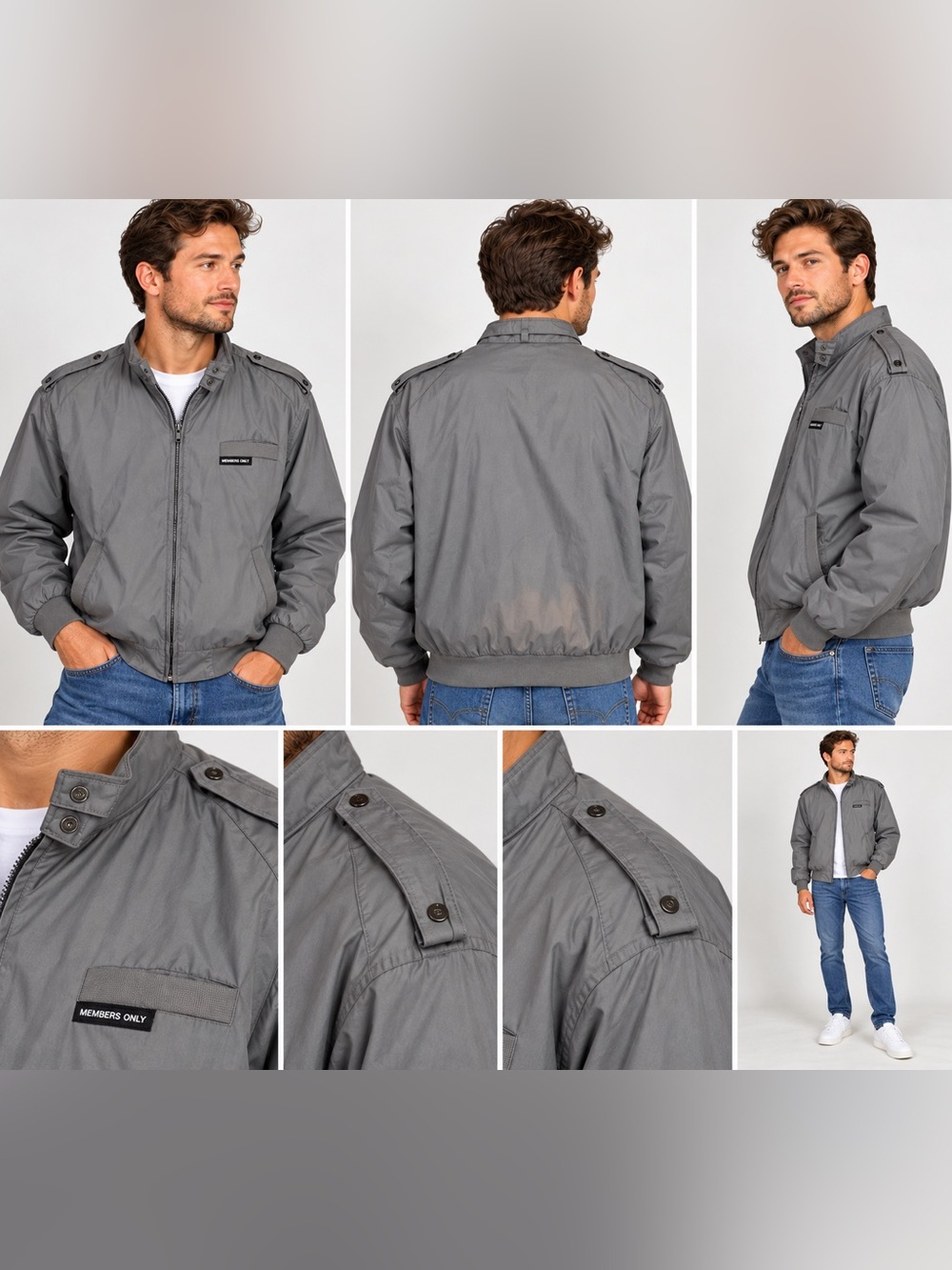 Members Only Men’s XL Gray Bomber Jacket Full Zip Epaulet Lightweight Retro
